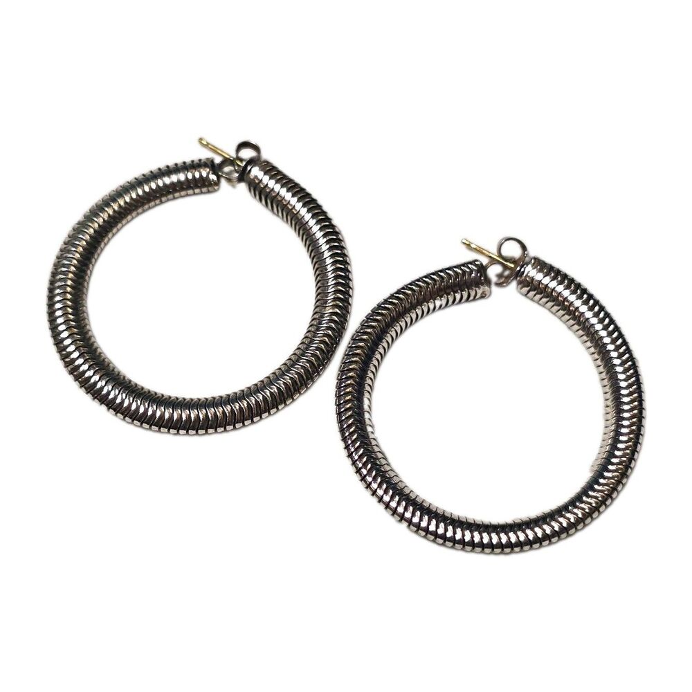 Silver Tone Ribbed Coil Hoop & Drop Dangle Earrings Set Post Nickel-Free